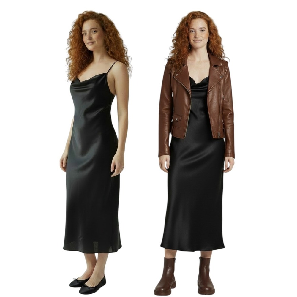 VTG NWT Bebe Women's Black Satin Slip Dress XS Cowl Neck Midi Y2K USA Romantic